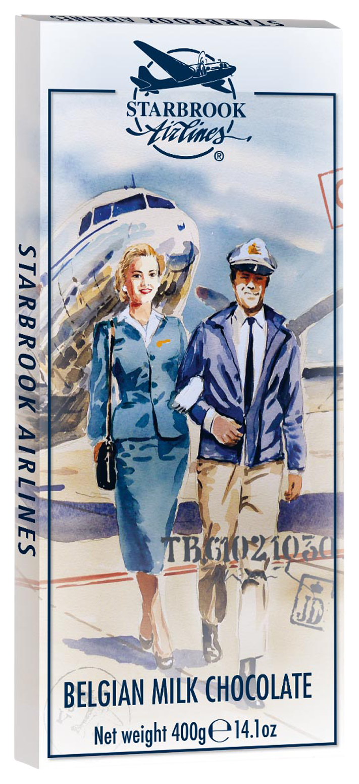 Belgische Milchschokolade mit Retro-Flugzeugmotiven: Flugbegleiterin und Pilot auf der Verpackung