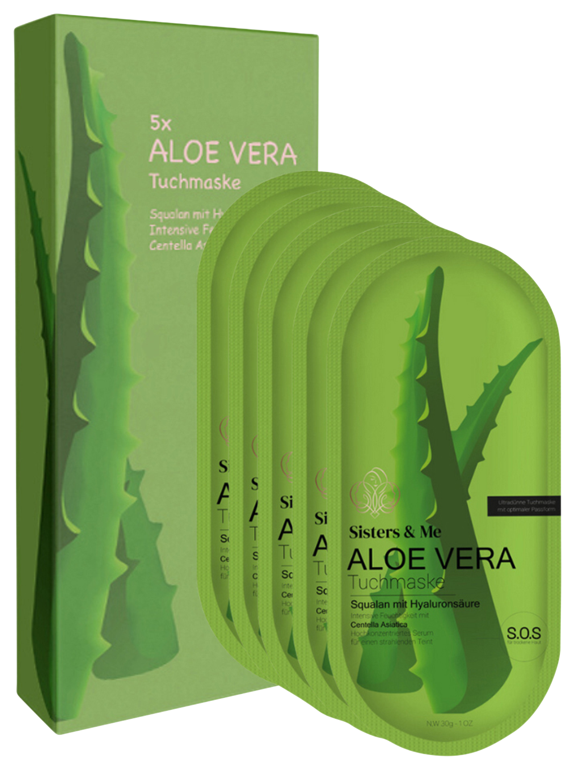 Bild: Sisters & Me 5x ALOE VERA TUCHMASKEN MIT SQUALAN UND HYALURONSÄURE