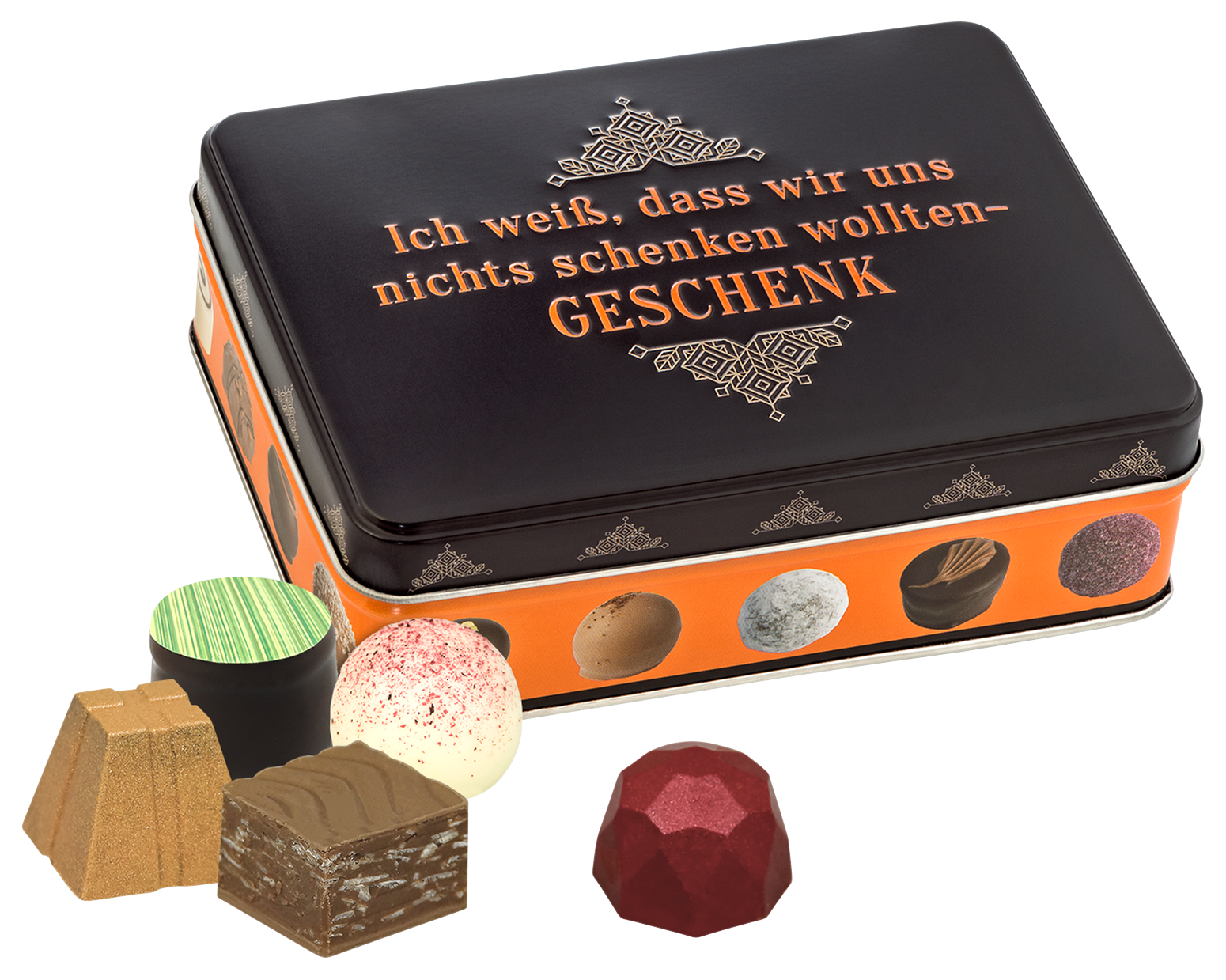 Bild: Geschenkdose "Ich weiß wir wollten uns nichts schenken" Pralinen und Trüffel 125 g