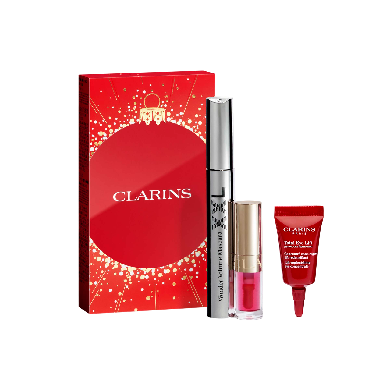 Bild: Clarins Set – Wonder Perfect XXL Mascara + Lip Comfort Oil + Eye Cream
