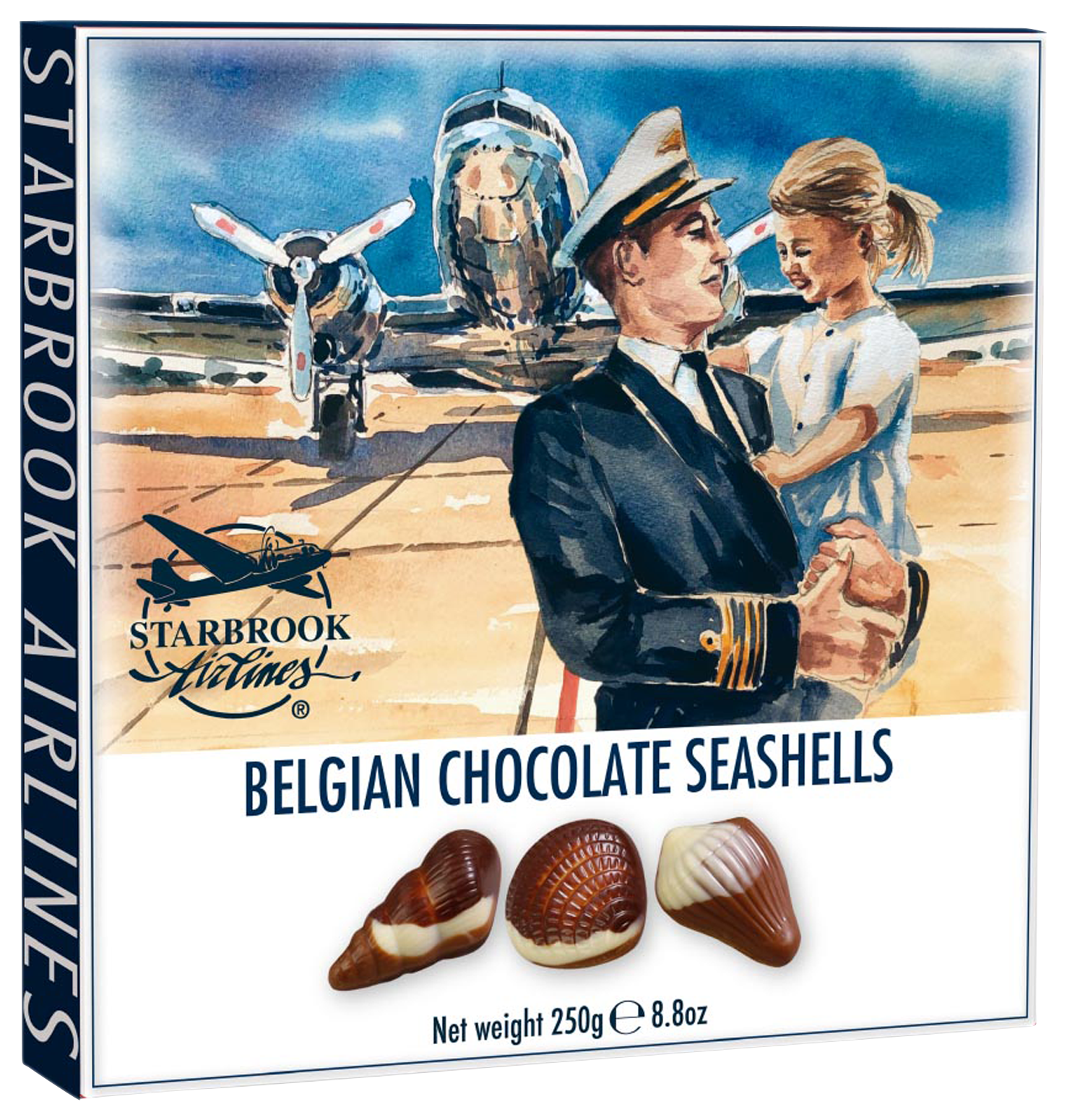 250g belgische Schokoladenseehäuschen, verpackt mit einem nostalgischen Motiv eines Piloten...