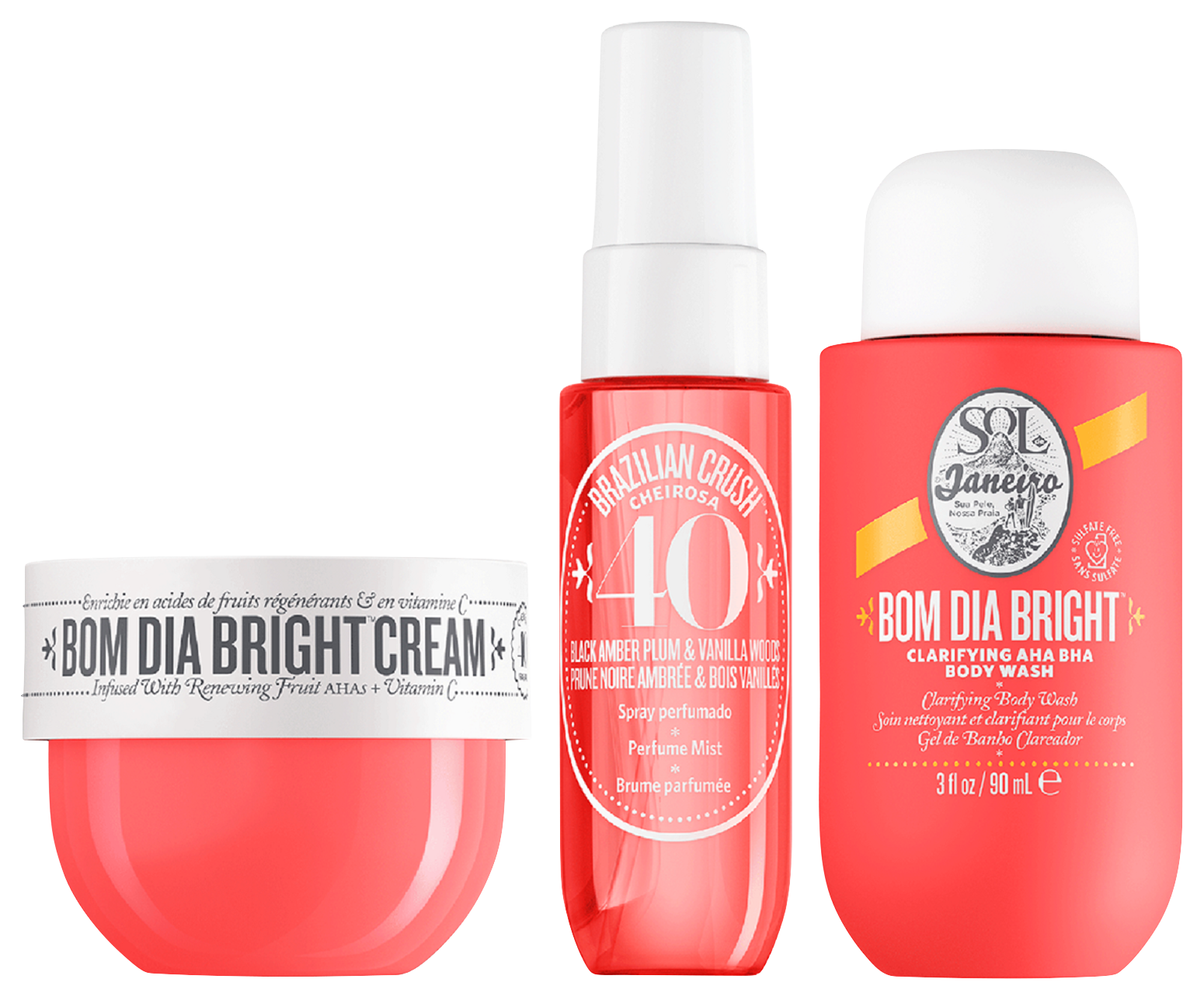 Drei Sol de Janeiro Produkte: Bom Dia Bright Cream in einem rosa Tiegel, Cheirosa '40 Bodyspray...