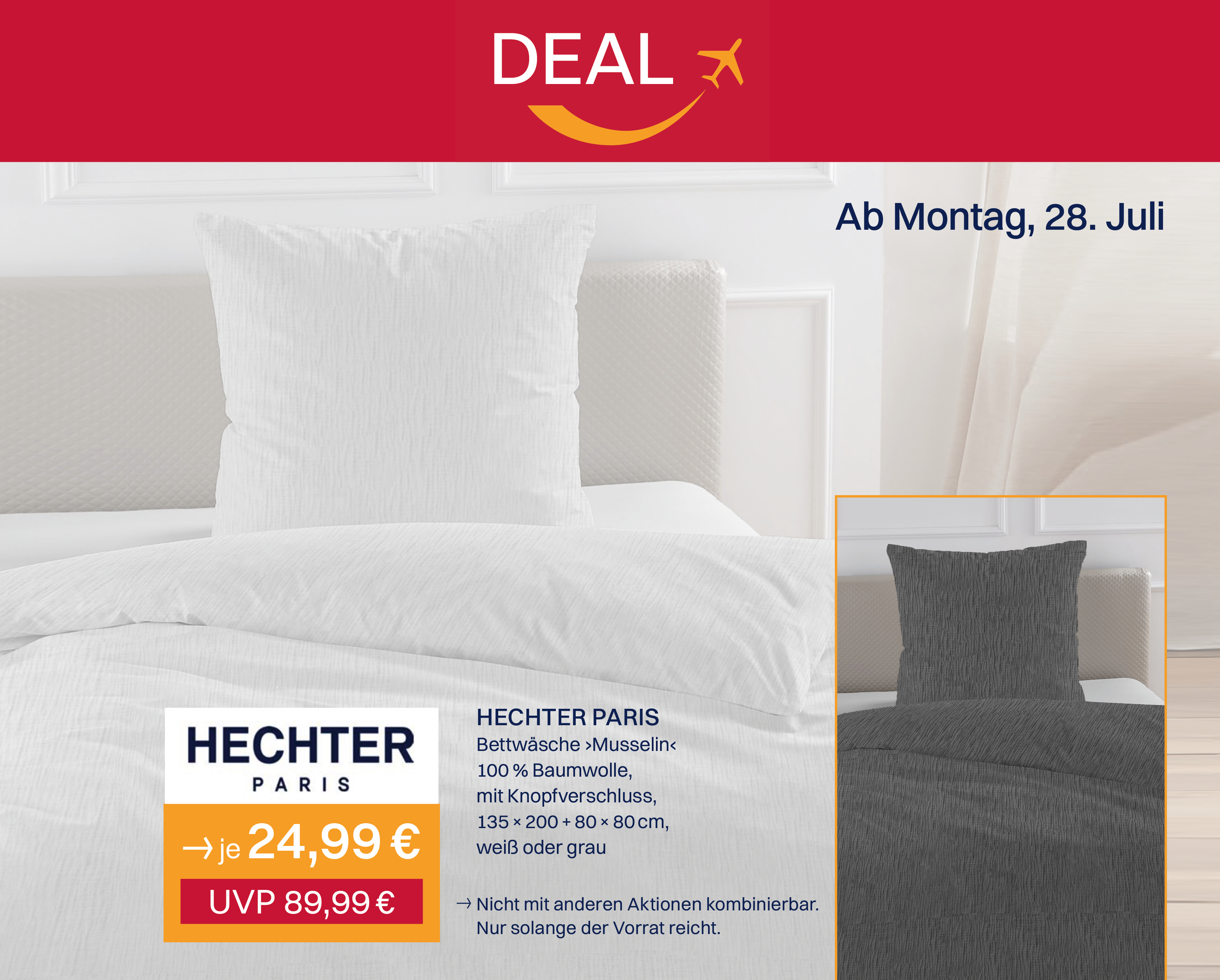 Die hochwertige „Musselin“ Bettwäsche von HECHTER PARIS aus 100 % Baumwolle erhalten Sie jetzt für nur 24,99 €. Sie sparen 65 € pro Set! 