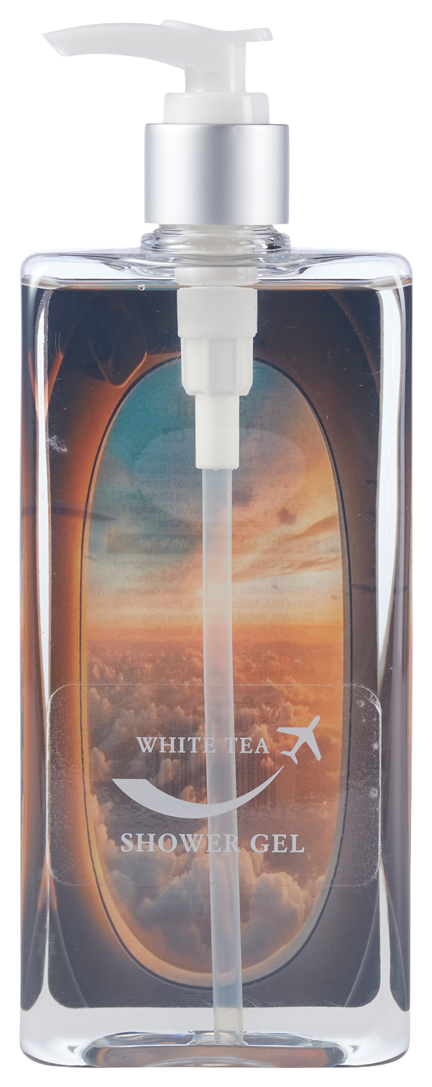 Duschgel Spender mit Spender - Flugzeugfenster & Ringeltaube-Logo - White Tea - 390ml